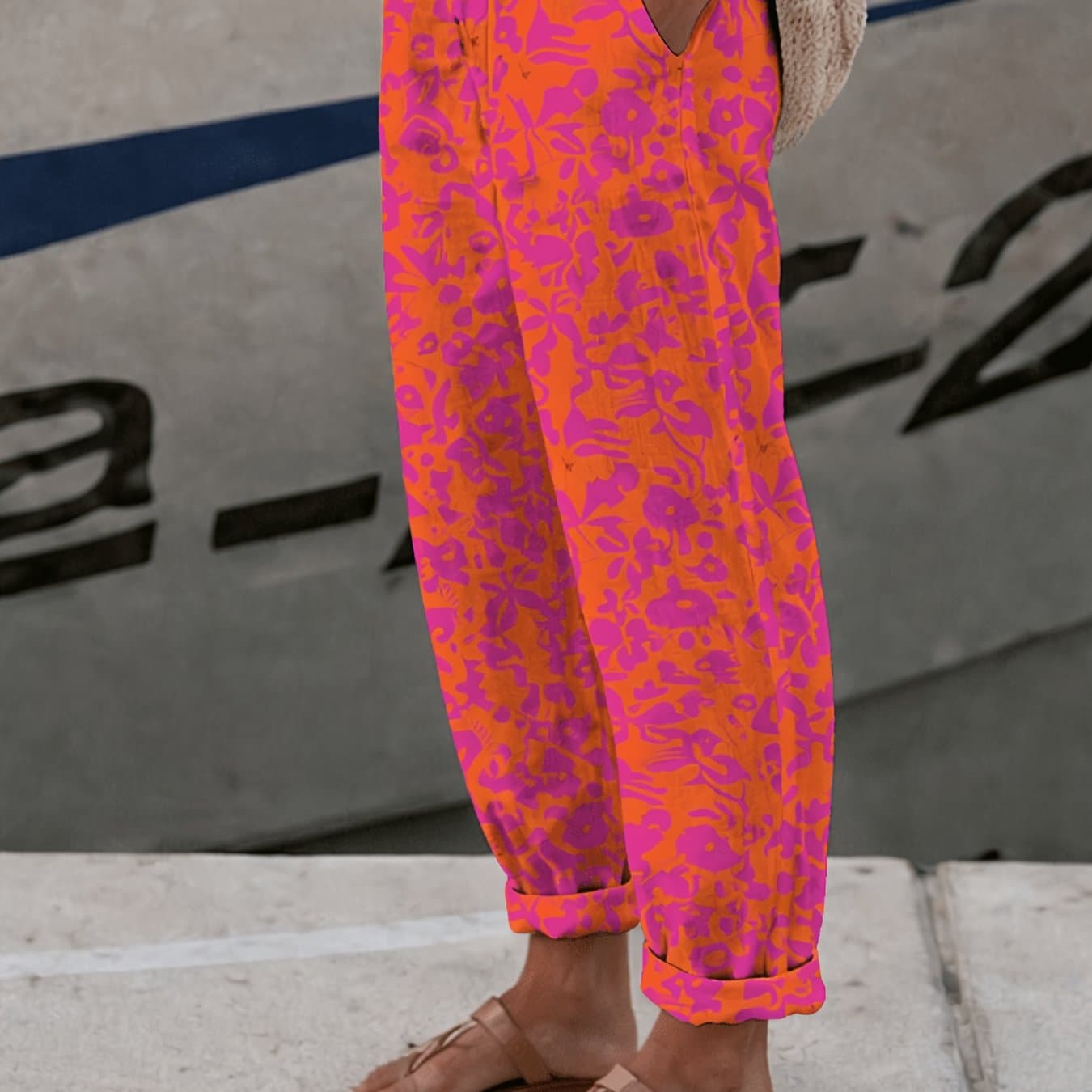 TEMU 2026 Summer New Dopamine Rose Contrasting Flower Printed Casual Pants For Women, Loose, High Waist, Look Thin Haren Pants, 9 Cent Pants