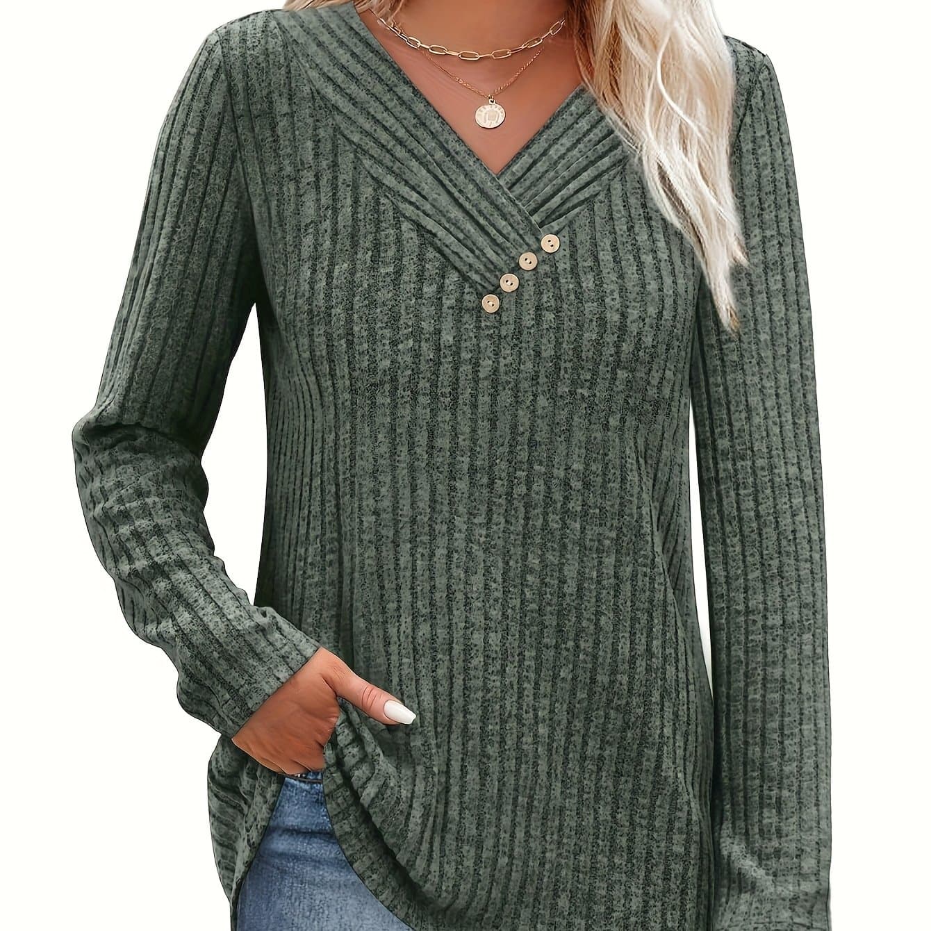 TEMU Plus Size - Plus Size - Plus Size Women's Casual Sweater Long Sleeve Shirt V Neck Button Up Top Autumn Pullover