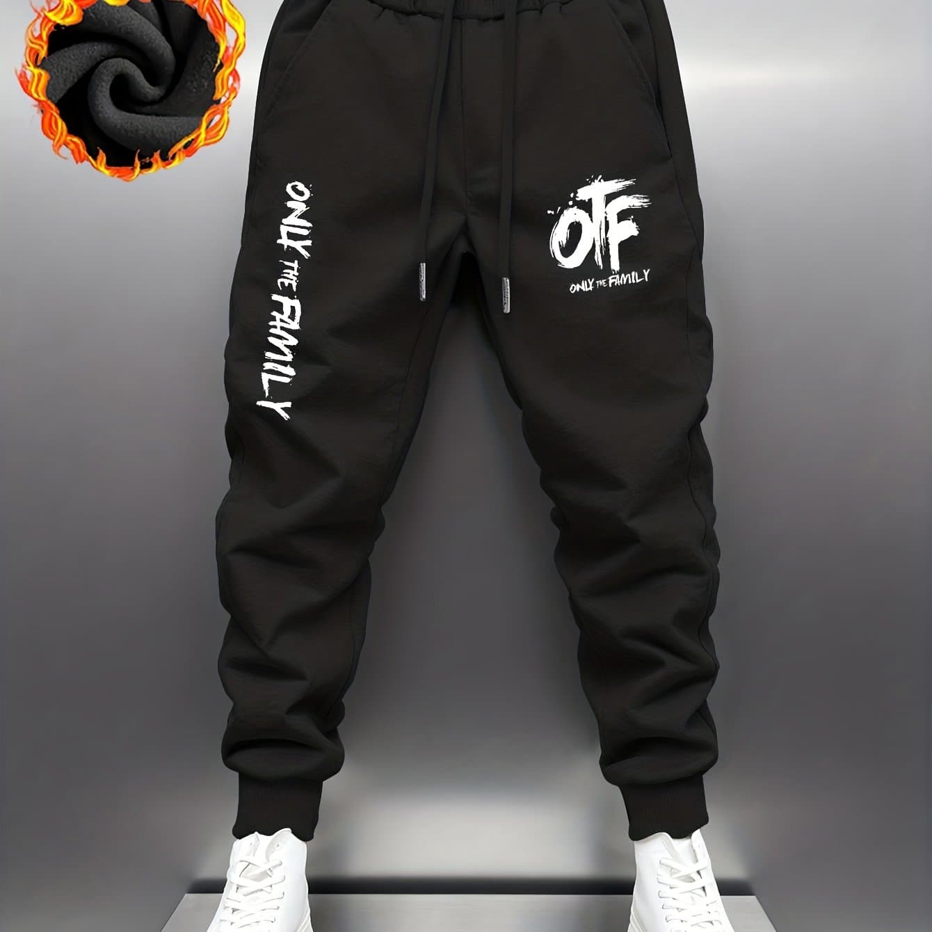 TEMU Trendy Men's Fashion Thick Long Pants, Popular -lined Streetwear, Featuring Otf Only The Family Graffiti Print, Elastic Waistband With Drawstring, Designed For , Street Style