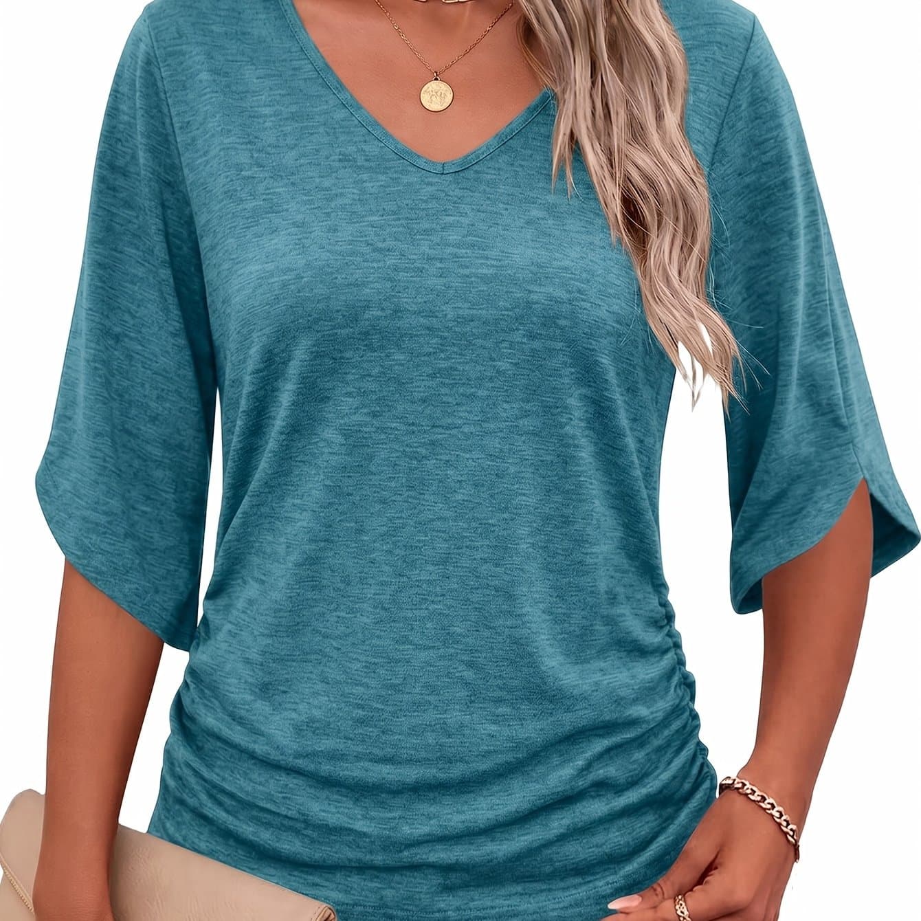 TEMU Women's 3/4 Sleeve Top, Fashionable Loose Fit Casual Side Waist Ruched Basic Shirt, Elegant And Comfortable V-neck Three-quarter Sleeve T-shirt