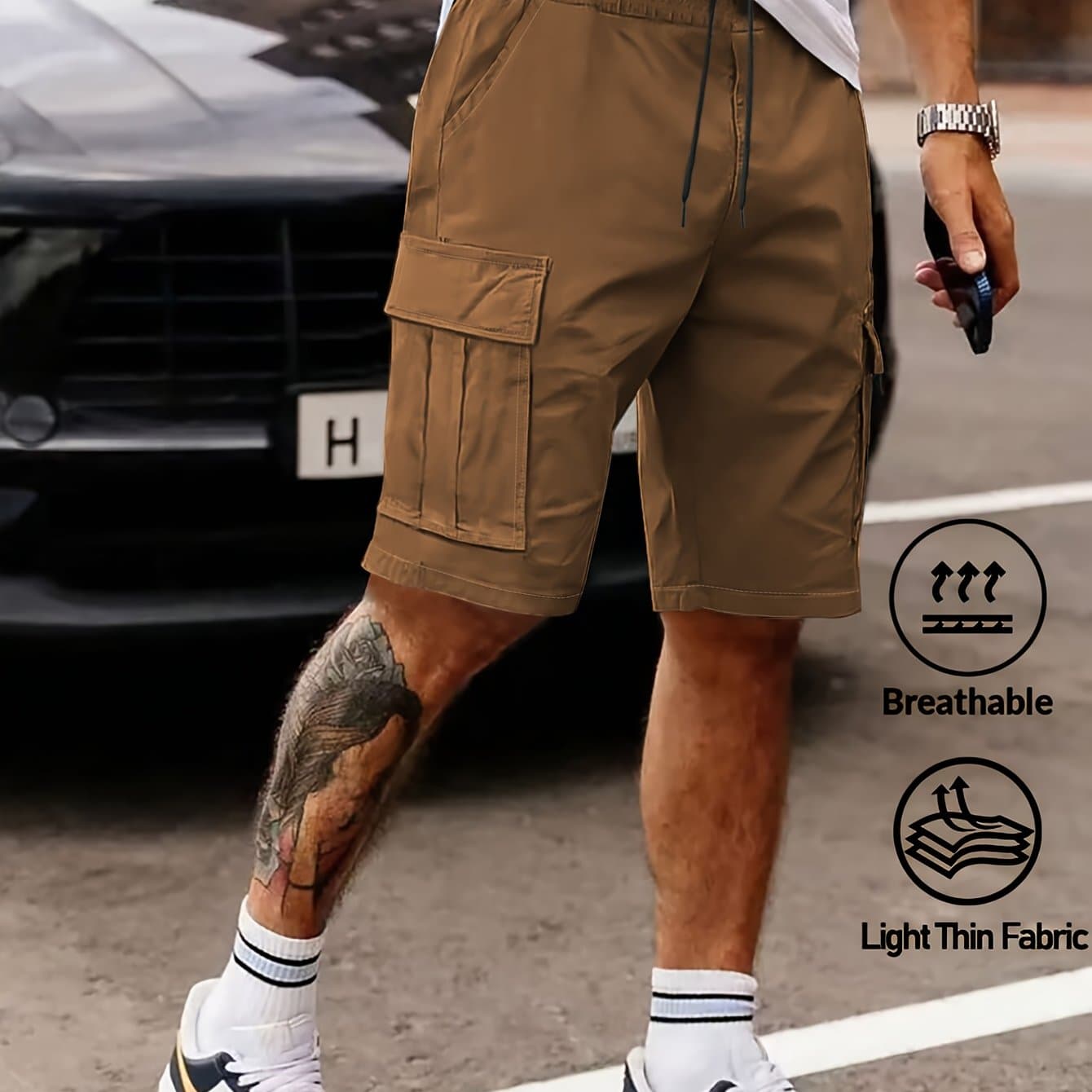 TEMU 1pc Men's Summer Casual Workwear Shorts, With Drawstring At The Waist And Multi-, Suitable For Daily Wear, Outdoor Sports And Leisure