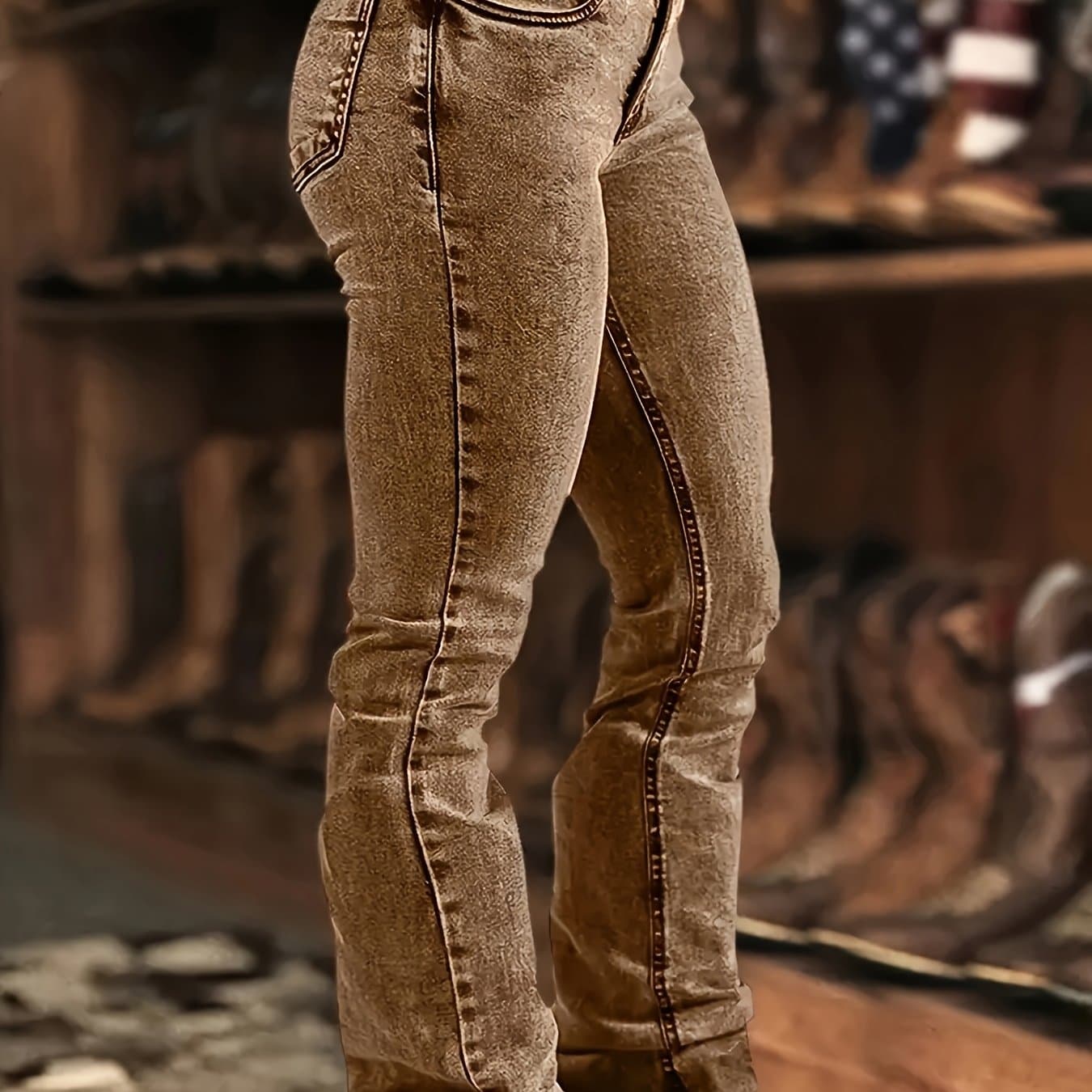 TEMU Women's Colored Cow Fashion Stretch Brown Retro Washed Denim Horseshoe Micro Pull Pants