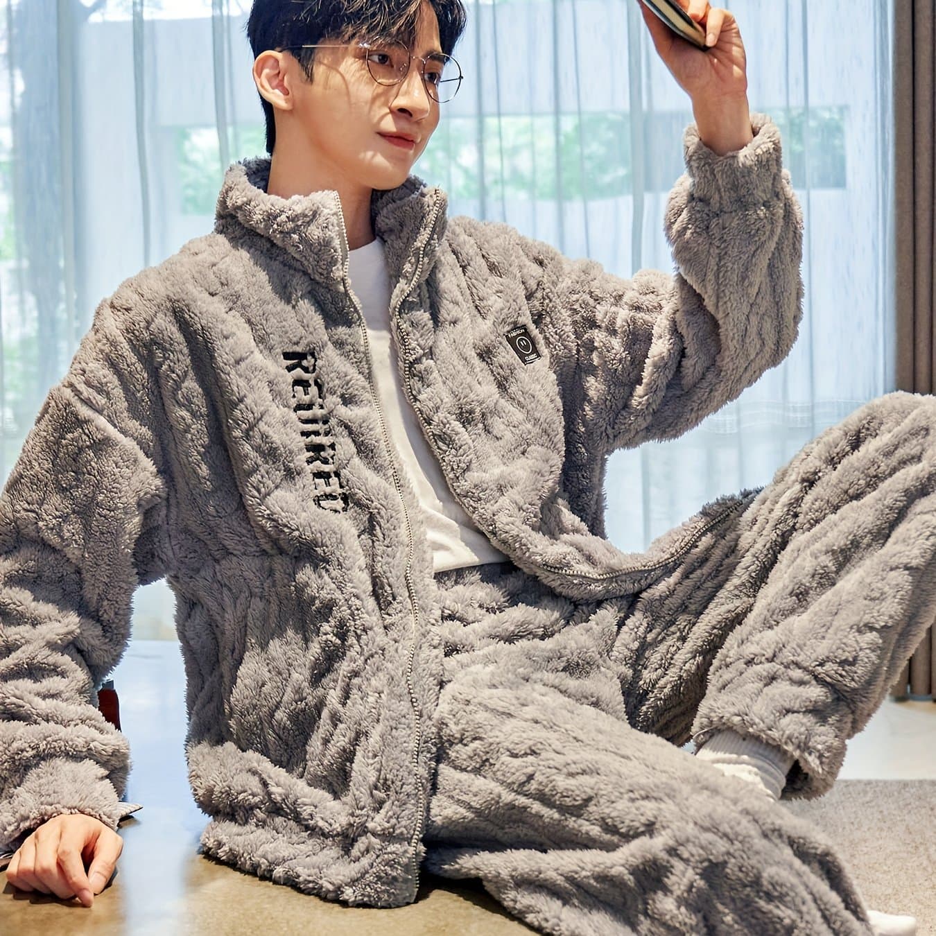 TEMU Men's Winter Flannel Thickened Set, Warm Coral Zippered Two-piece Outfit For Autumn And Winter