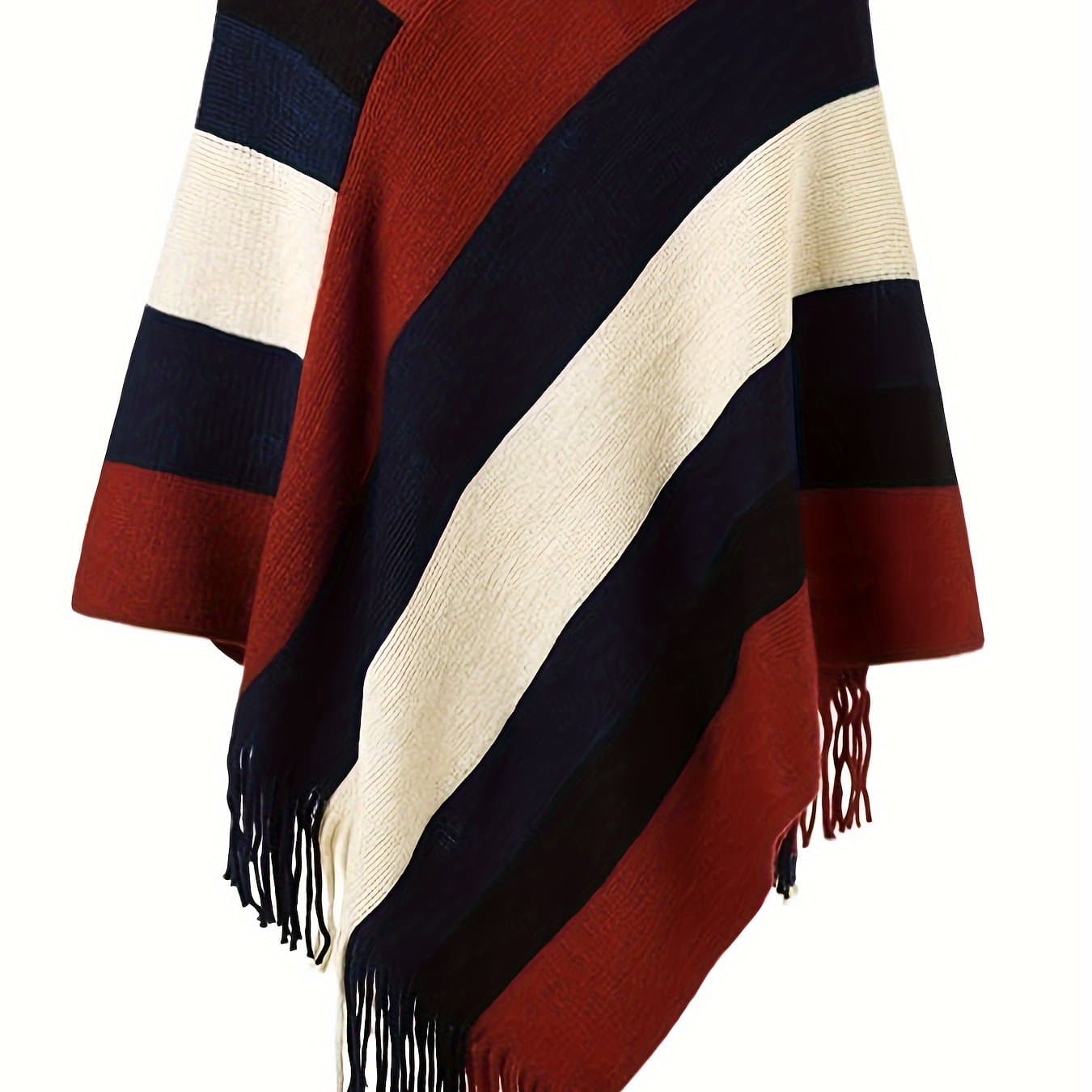 TEMU Plus Size - Plus Size - Plus Size Fall Winter V-neck Striped Contrast Tassel Pullover Warm Women's Cloak Top
