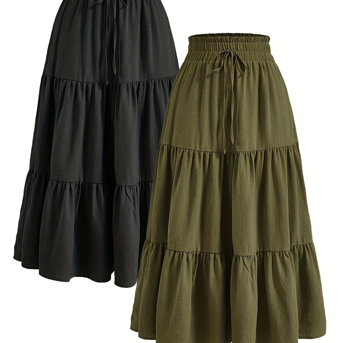 TEMU Women's 2pcs Set Solid Color Skirt, A-line With Drawstring, Elastic And Hem, Pleated Long Regular Fit