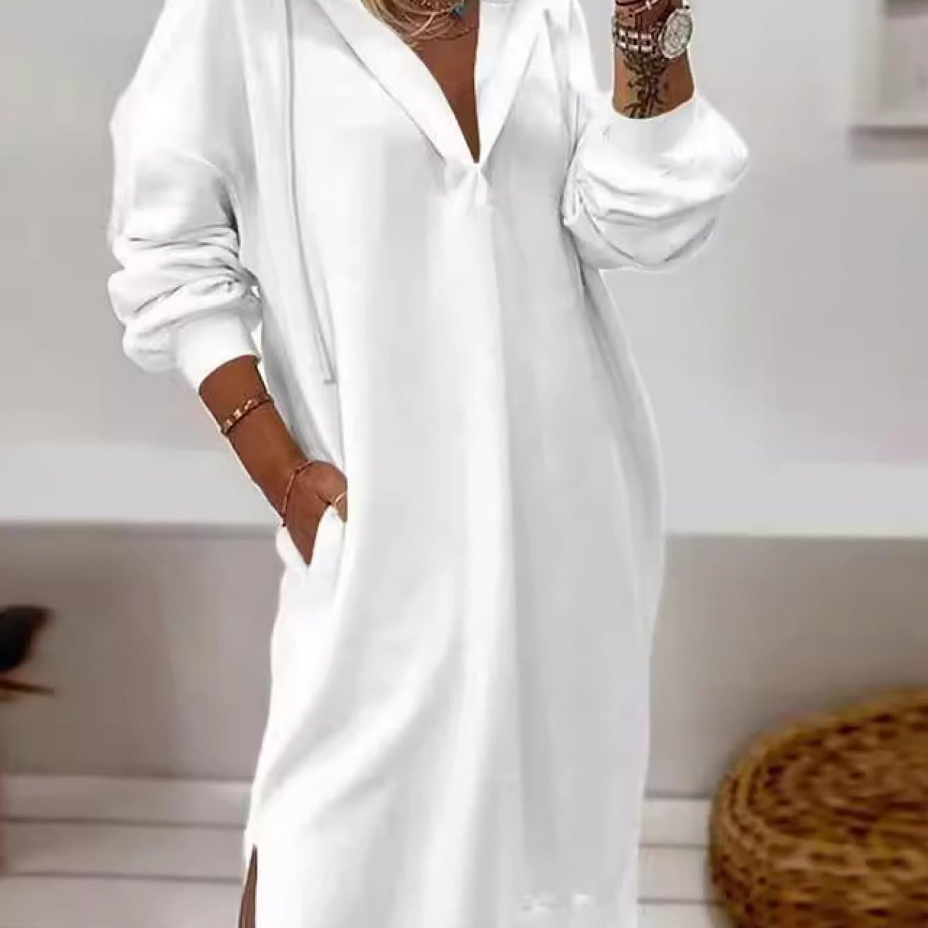TEMU Hooded Pullover Dress | Solid Color Slit , Autumn Winter Long Wear, Comfortable Loungewear Collection, Women's Loungewear By Scacto