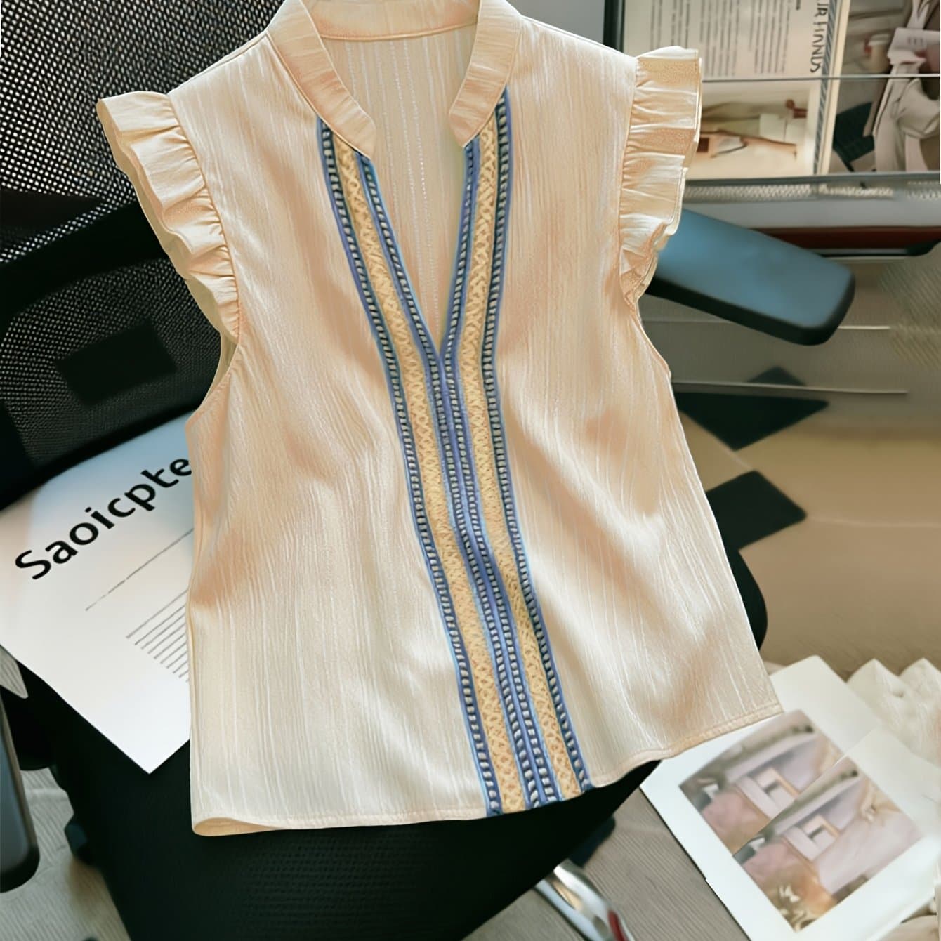 TEMU Directional Development Style Contrast Lace Ruffle Trim Corner Neckline Women's Blouse
