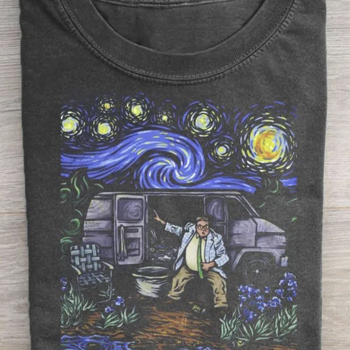 TEMU 100% Men's T-shirt, Casual Retro Washed Black Short Sleeve T-shirt With Van Art Pattern, Breathable And Sweat-absorbent, Comfortable Top, Suitable For All , Machine Washable, Gift For