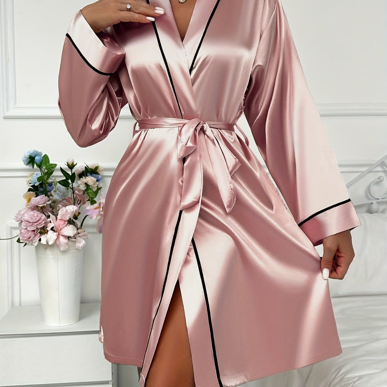 TEMU Women's Mid-length Nightgown, Spring/summer Long-sleeve Comfortable Pajamas, Tie-front V-neck Bathrobe Loungewear