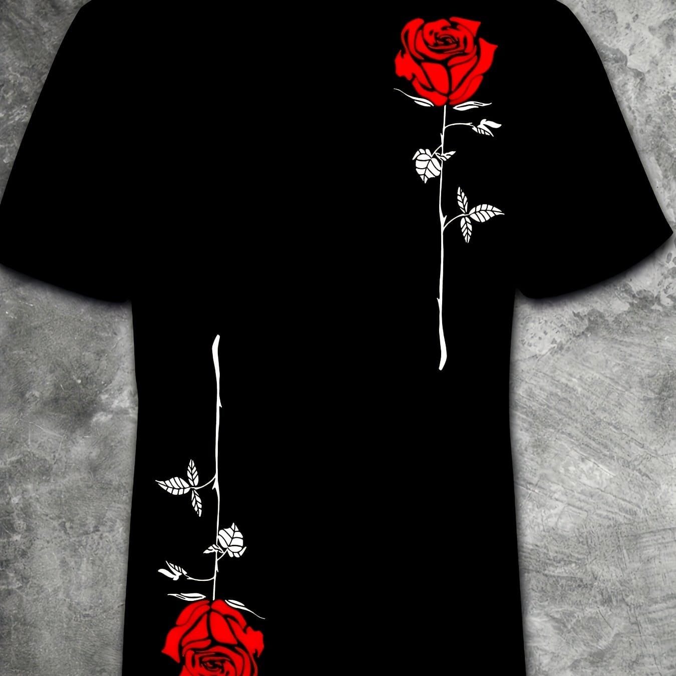 TEMU Men's Retro 3d Rose Print T-shirt - Lightweight Crew Neck Short Sleeve, Black With Red , Casual & Outdoor Wear, Visual Tee For Everyday, Machine Washable Fit