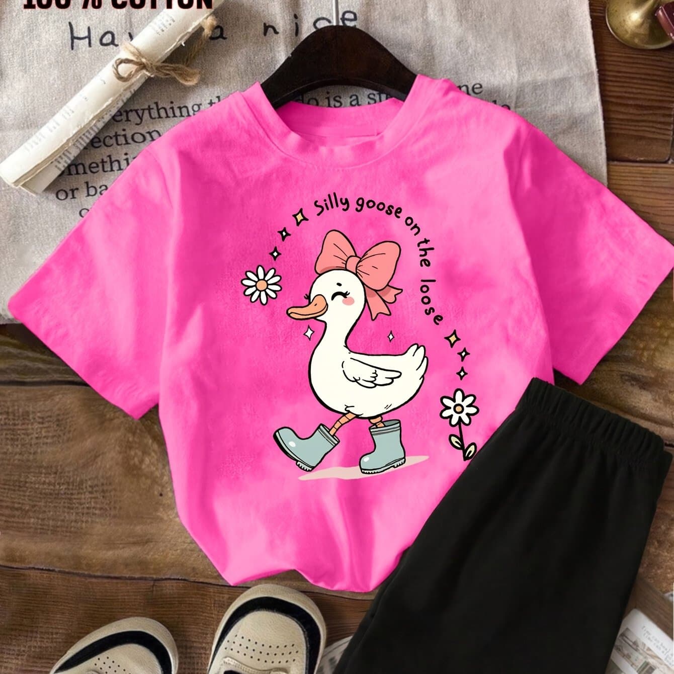 TEMU 2pcs New A Pink T Shirt With Duck Print Short Sleeved 100% Cotton T-shirt And Shorts 2pcs Set Perfect For Outdoor, Perfect For Outdoor