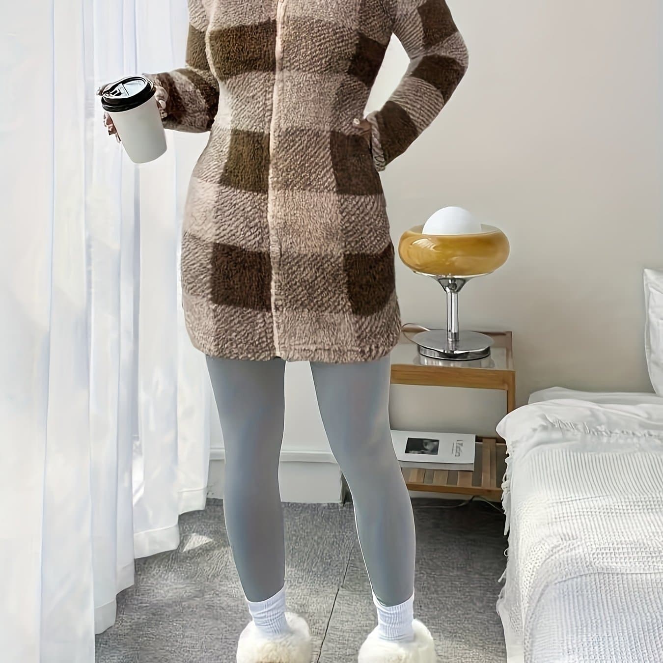 TEMU Patterned Reversible Plush Hooded Zip-up Cardigan For Women, Perfect For Casual Autumn And Winter Wear