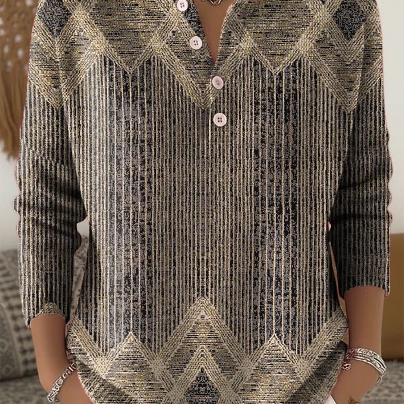 TEMU Women's Retro Contrast Stripe Geometric Print Button- Sweater