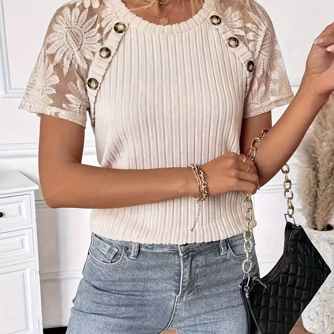 TEMU Pitted Strip Floral Lace Button Detail Off-shoulder Short Sleeve T-shirt