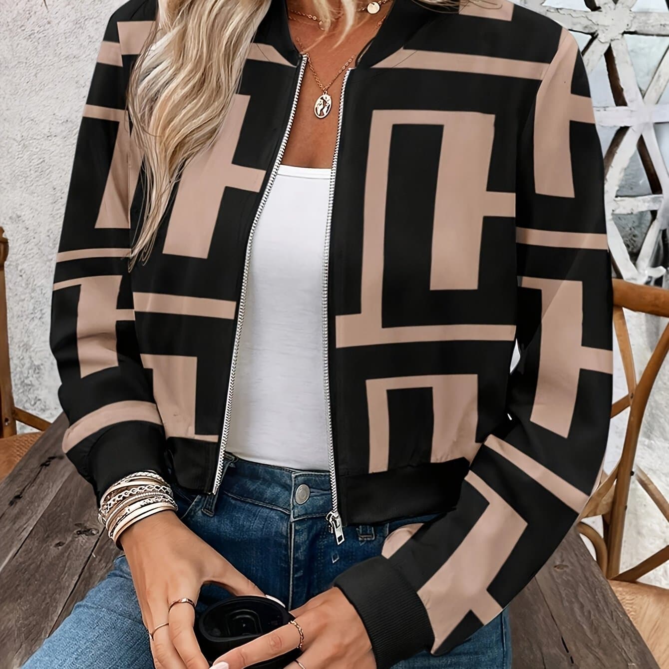 TEMU Women's Lightweight Geometric Print Zip-up Jacket - Casual Long Sleeve, Machine Washable