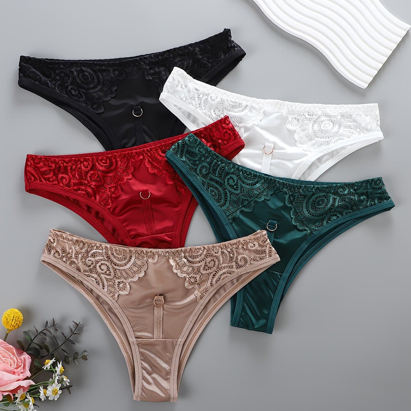 TEMU Set Of 5 Breathable Lace-patterned Briefs, Comfortable Stretchy Sexy Underwear