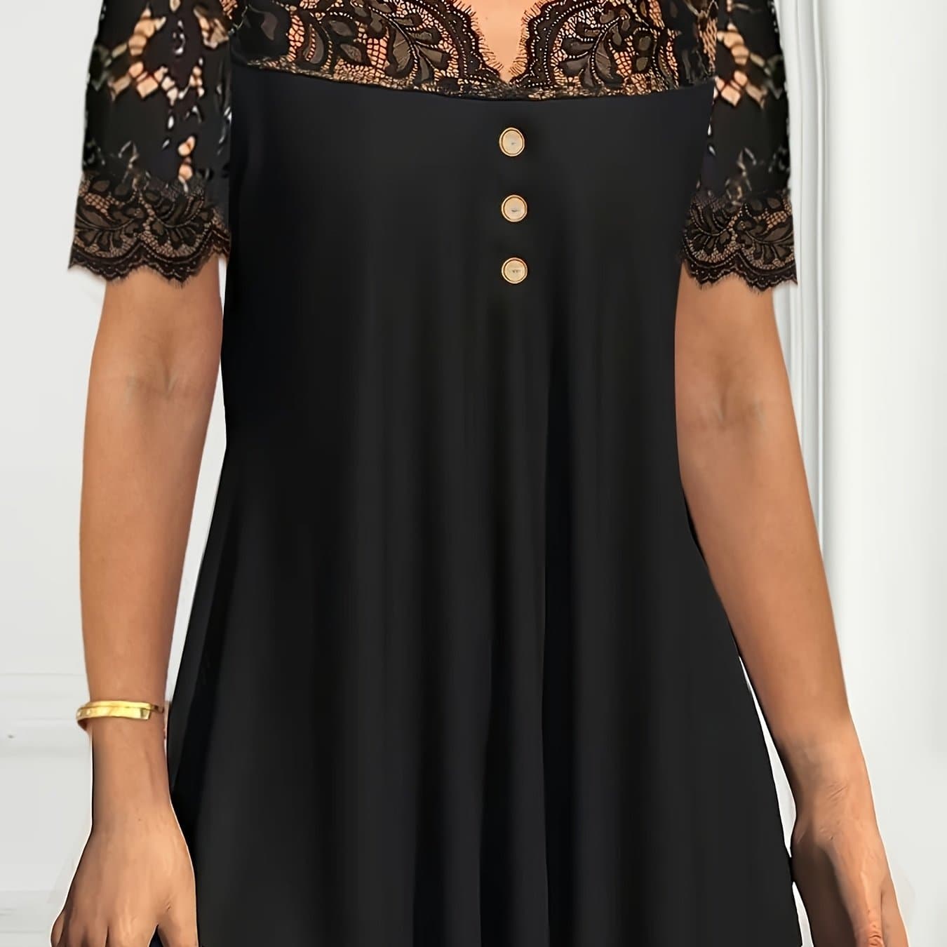 TEMU Plus Size, Contrast Lace Button-decorated Plus Size T-shirt