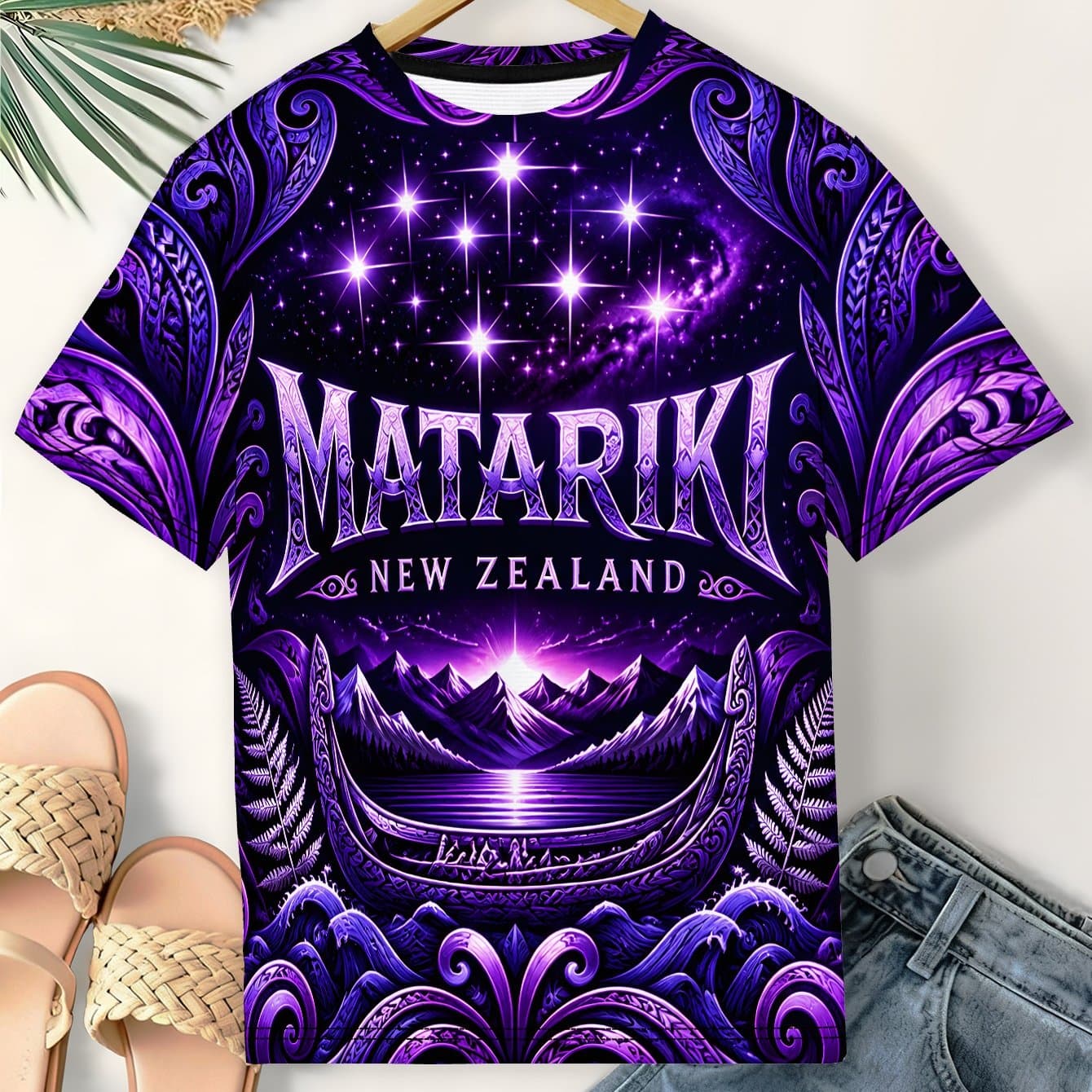 TEMU Women's Plus Size Star Festival T-shirt - Purple Round Neck Short Sleeve Casual Summer Top, Machine Washable Suitable For Daily Wear & , New Zealand Cultural Apparel