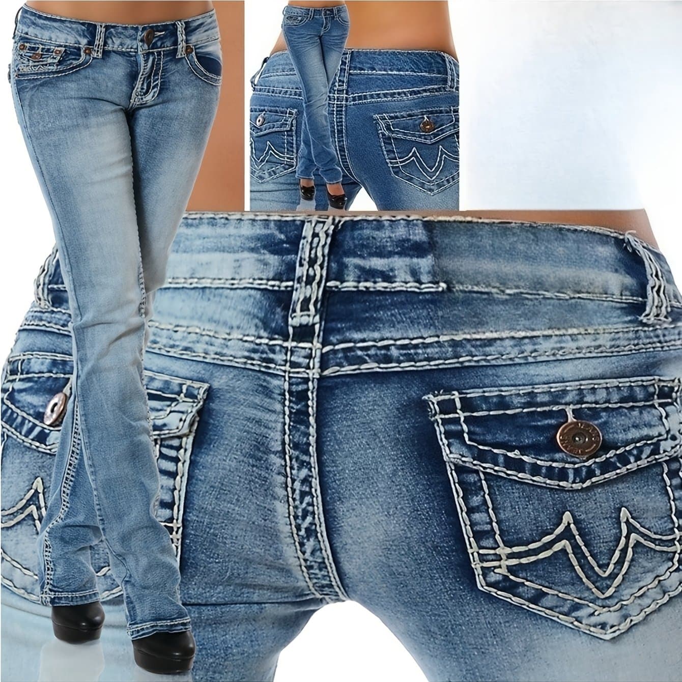 TEMU 2025 Summer Floral Embroidered Straight-leg Pants - Sexy High-waist Tummy Control Denim
