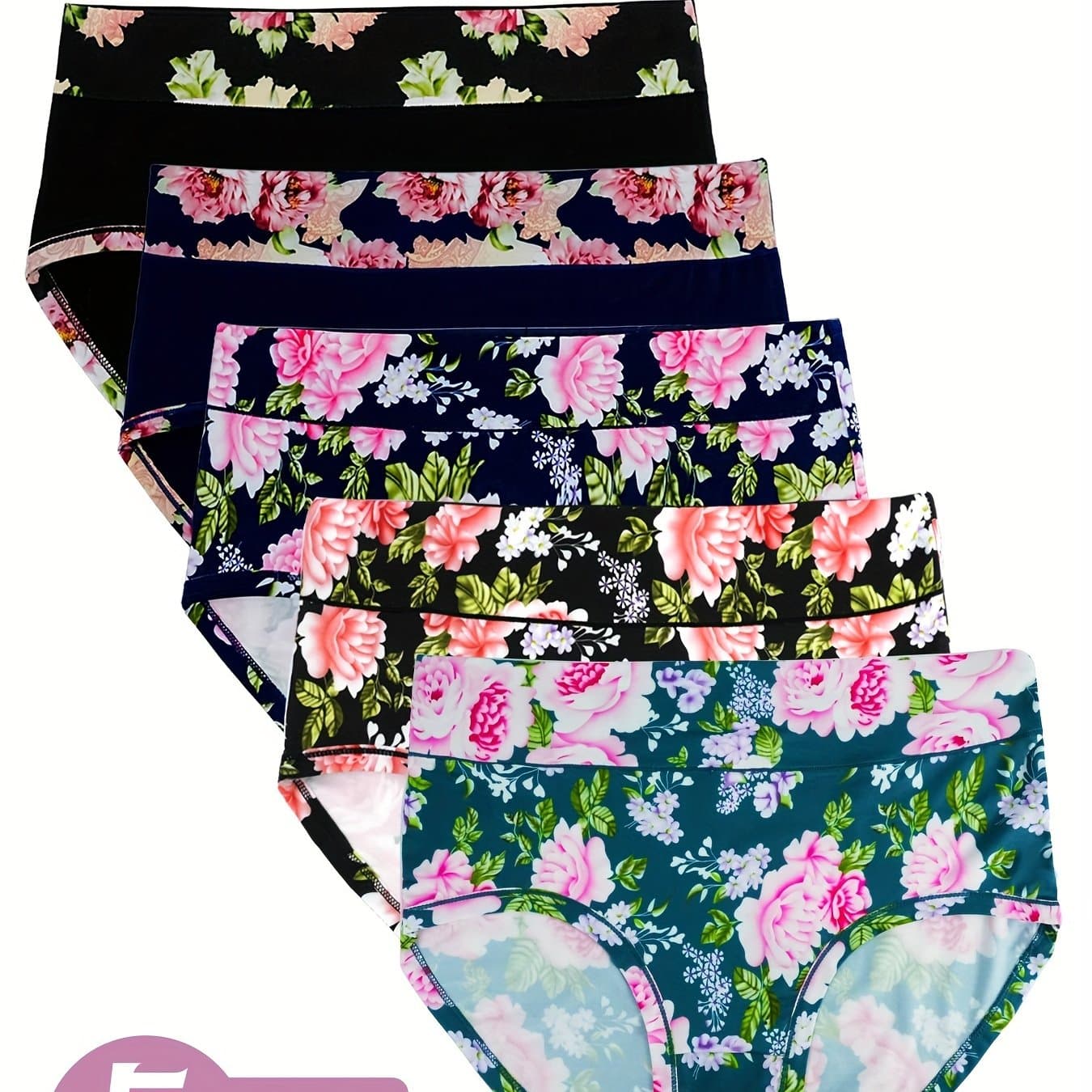 TEMU 5pcs New Elegant Women' Panties With Rose Floral Print High-waist Underwear, Fiber Fabric, Comfortable, Close-fitting, Soft, Women's Panties
