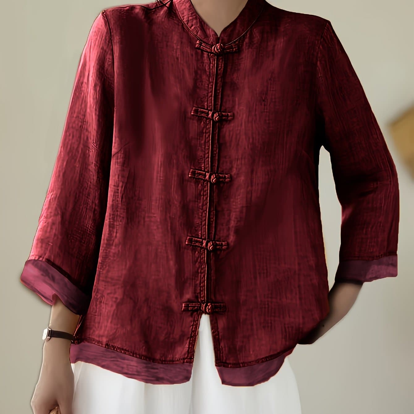 TEMU Plus Size - Loose-fitting Vintage Chinese Style Shirt With Three-quarter Sleeves And A Design.