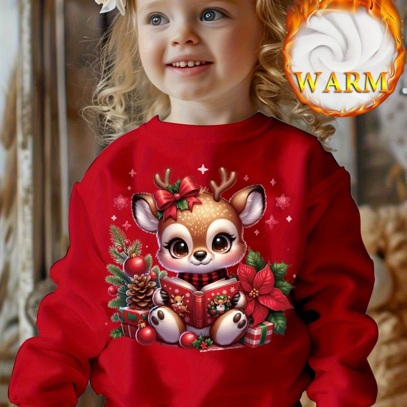 TEMU Christmas Sweatshirt For Girls - Festive Deer Warm Pullover For Fall/ Winter