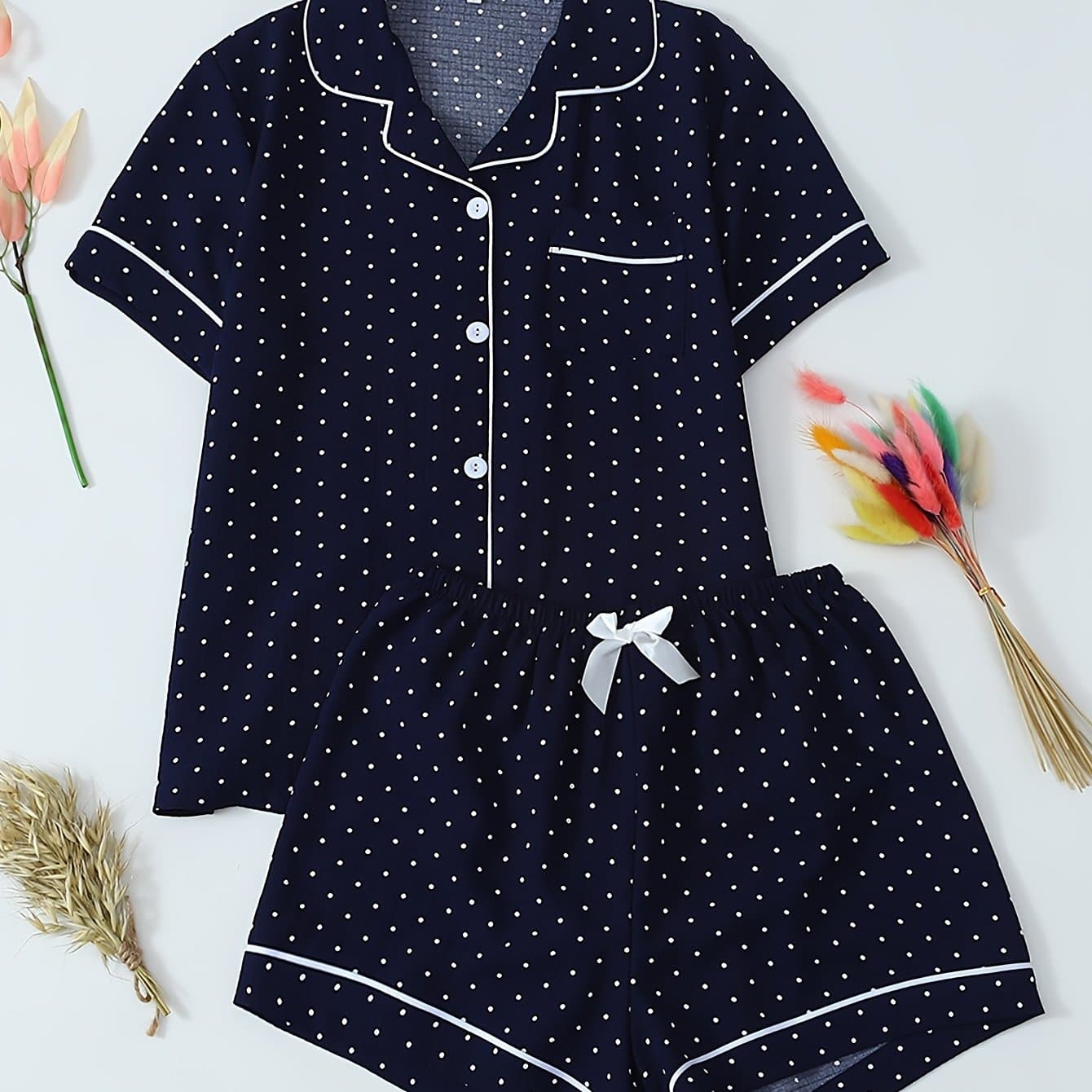 TEMU New Polka Dot Women's Short-sleeve Summer Pajamas Set With A Collar And Shorts