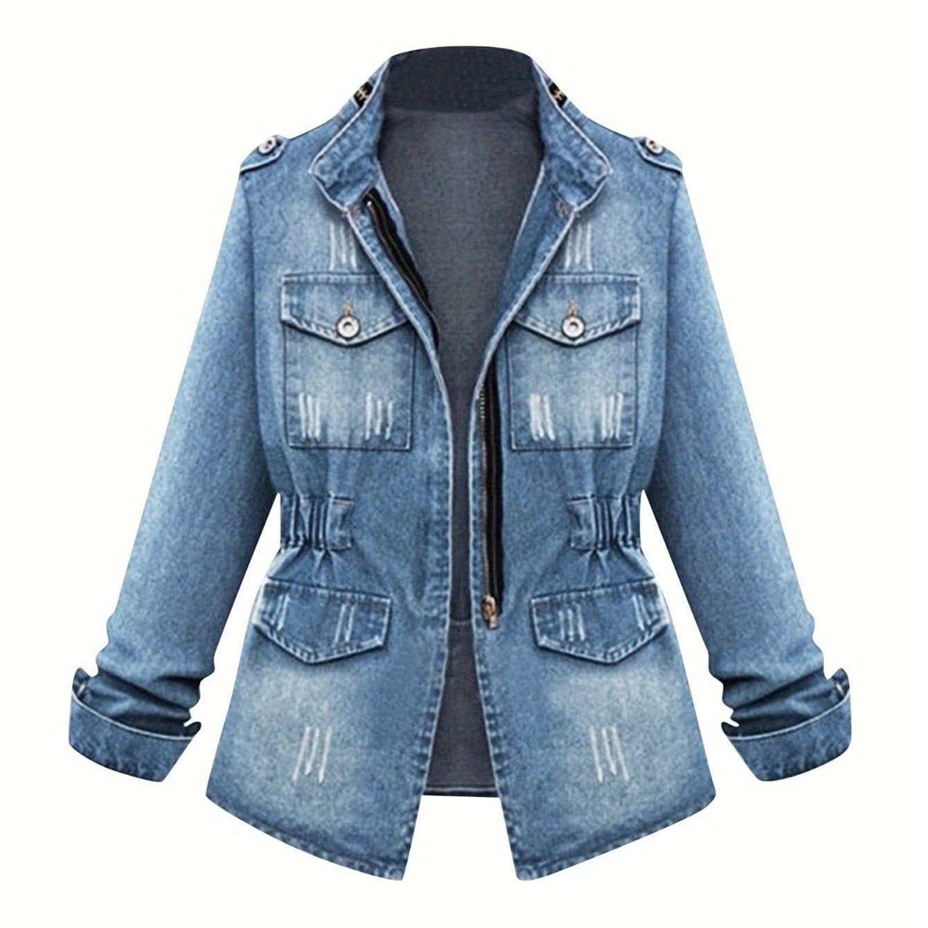 TEMU 1pc Women's Short Round Neck 3 - Quarter Sleeve Light Blue Denim Jacket | Casual Stylish For Daily Outfits, Shopping & Spring - Autumn Wear | Size S - Xxl