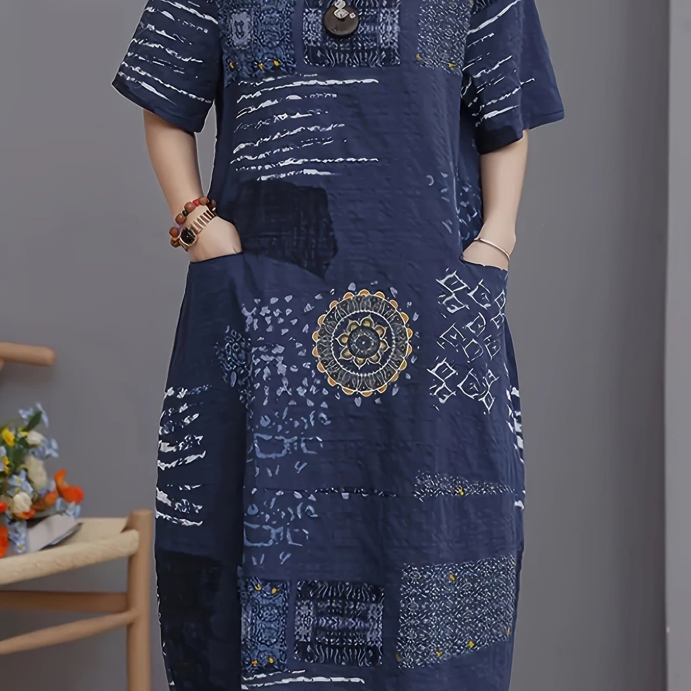 TEMU Women's Fashionable And Comfortable Spring/summer Casual Midi Pocket Dress, Lightweight Short Sleeve Round Neck Printed Non-stretch Beach Dress