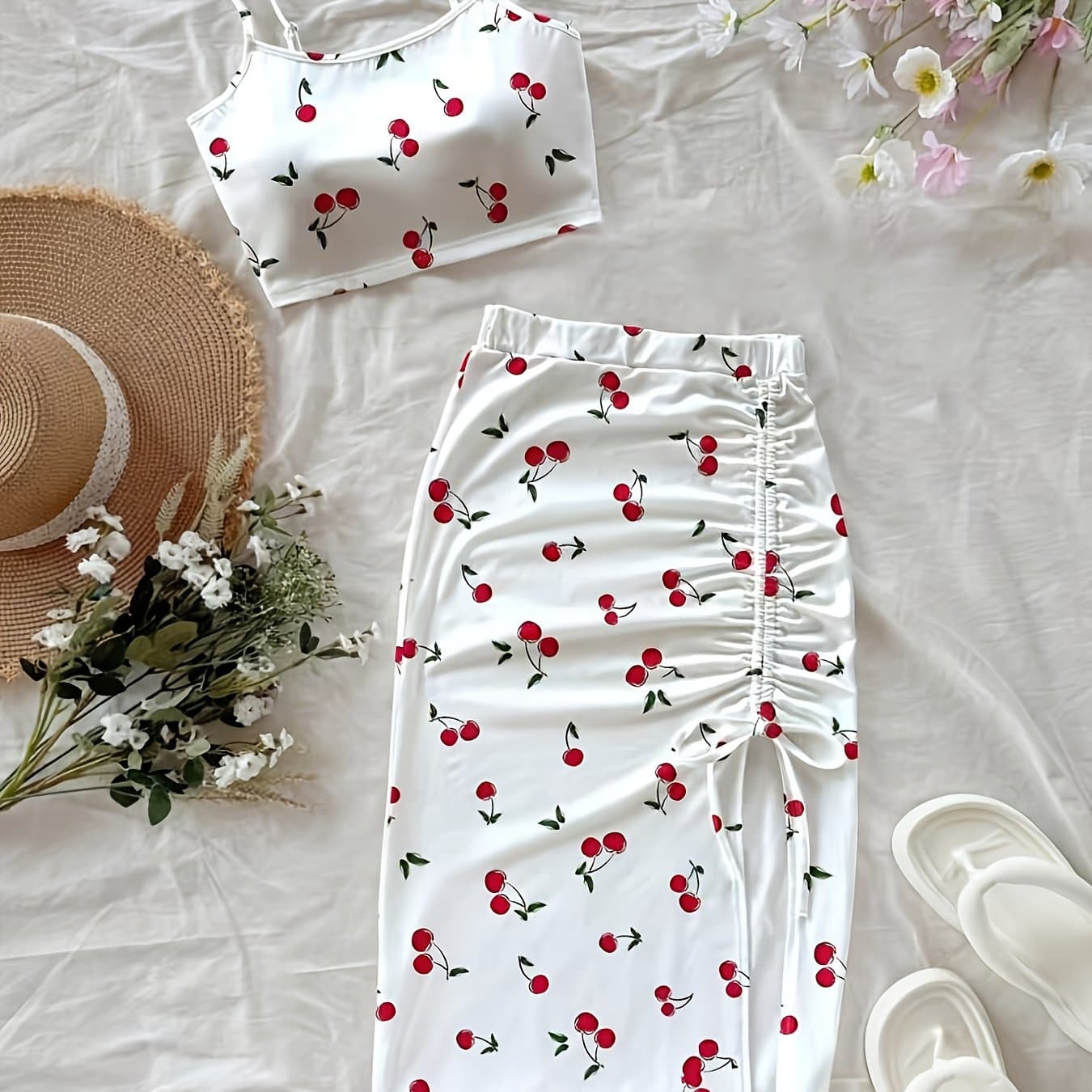 TEMU White Cherry Print Spaghetti Strap Top With Drawstring And Slit Skirt, Suitable For Daily Wear, Dates, Travel, Beach , Elegant, Fashionable, Fresh, And Simple Commuting Women's Clothing