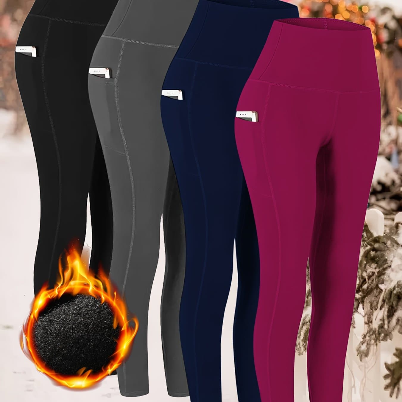 TEMU 4pcs Women's High-waisted Thermal Fleece-lined Leggings With Pockets - Soft, Warm, And Stretchy For Workouts, Yoga, Running, And Winter Activities, Workout Leggings | | Soft Fabric