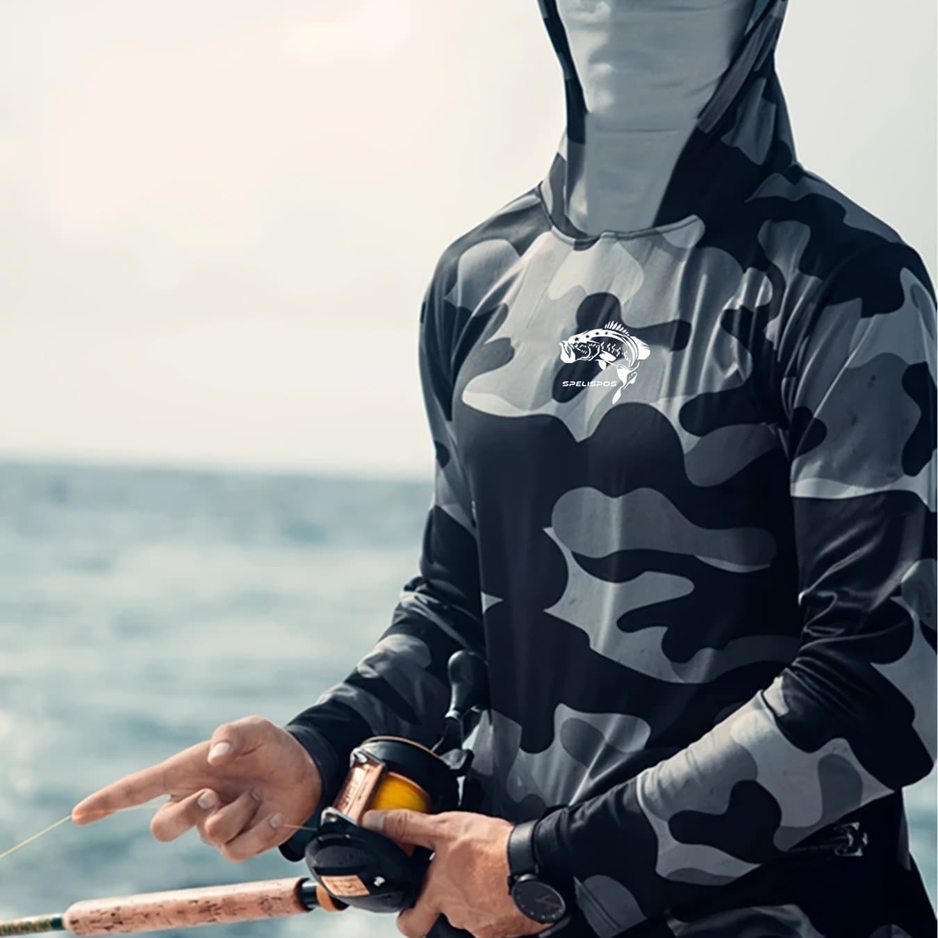 TEMU Men's Sailing Hooded Shirt With Mask, Active Fish Print Quick Dry Slightly Stretch Long Sleeve Rash Guard For Fishing Tops Hiking Cycling Wear Outdoor