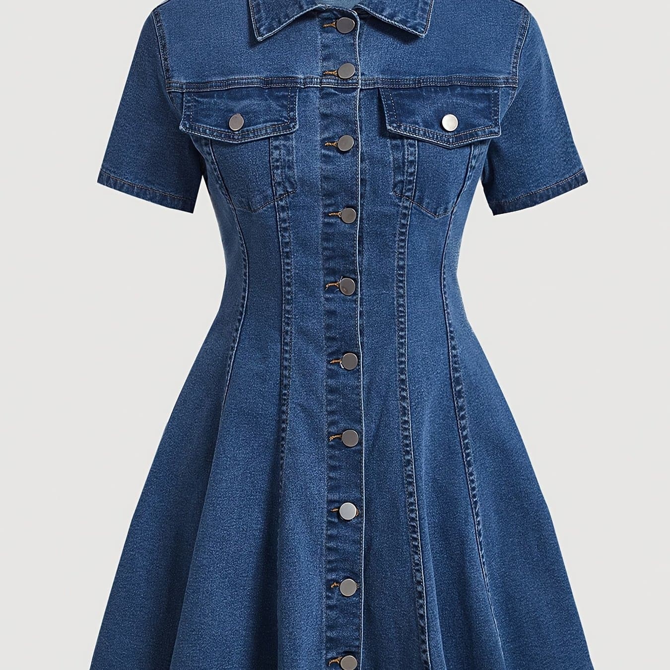 TEMU Vintage Short Sleeve Button Front Denim Mini Dress, Single Breasted High Waist Swing Skirt, Slim Fit A Line Jean Dress, Women's Summer Casual Streetwear