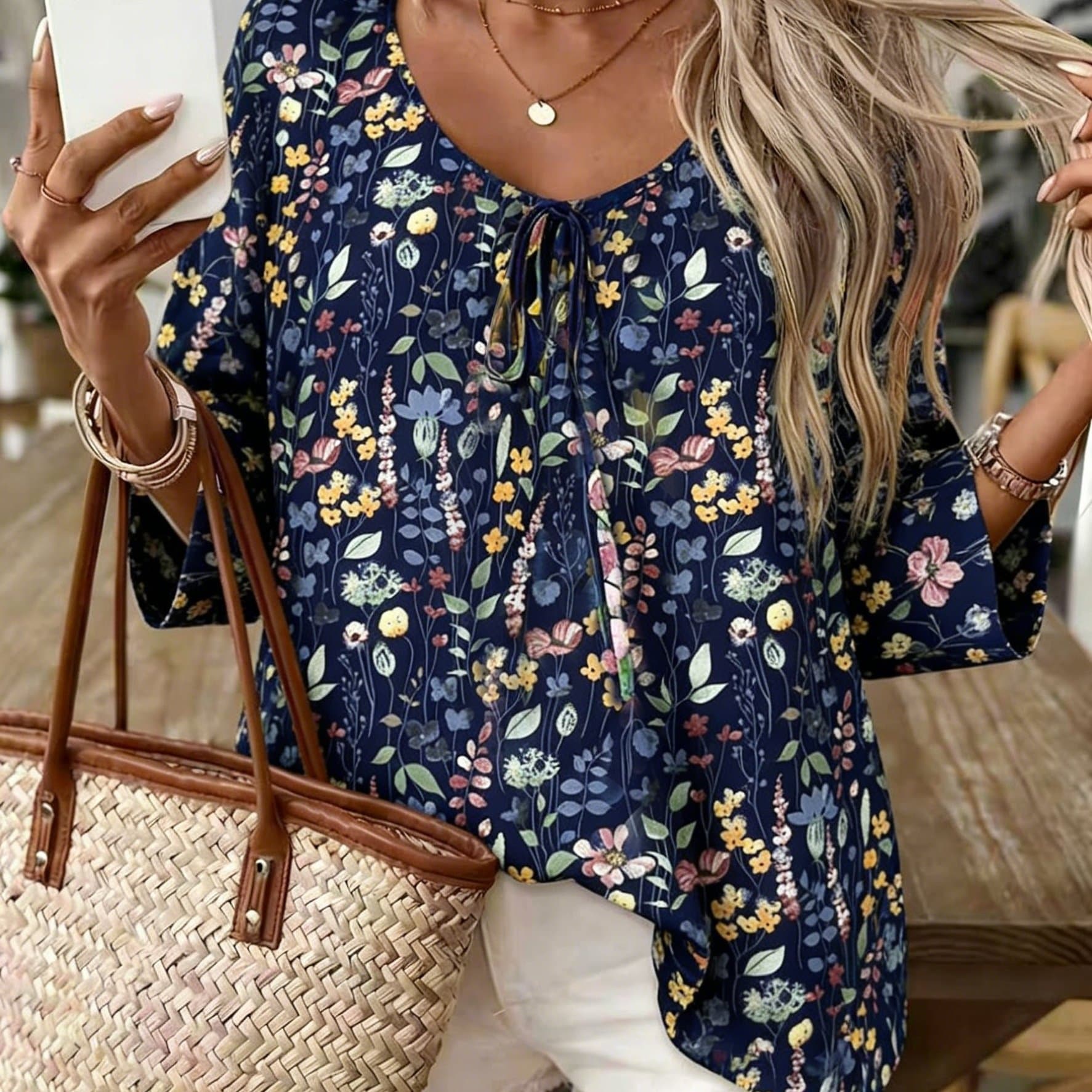TEMU Plus Size, Women's Plus Size Casual Shirt With Knot Bow At Chest, Ruched Neckline, And Print
