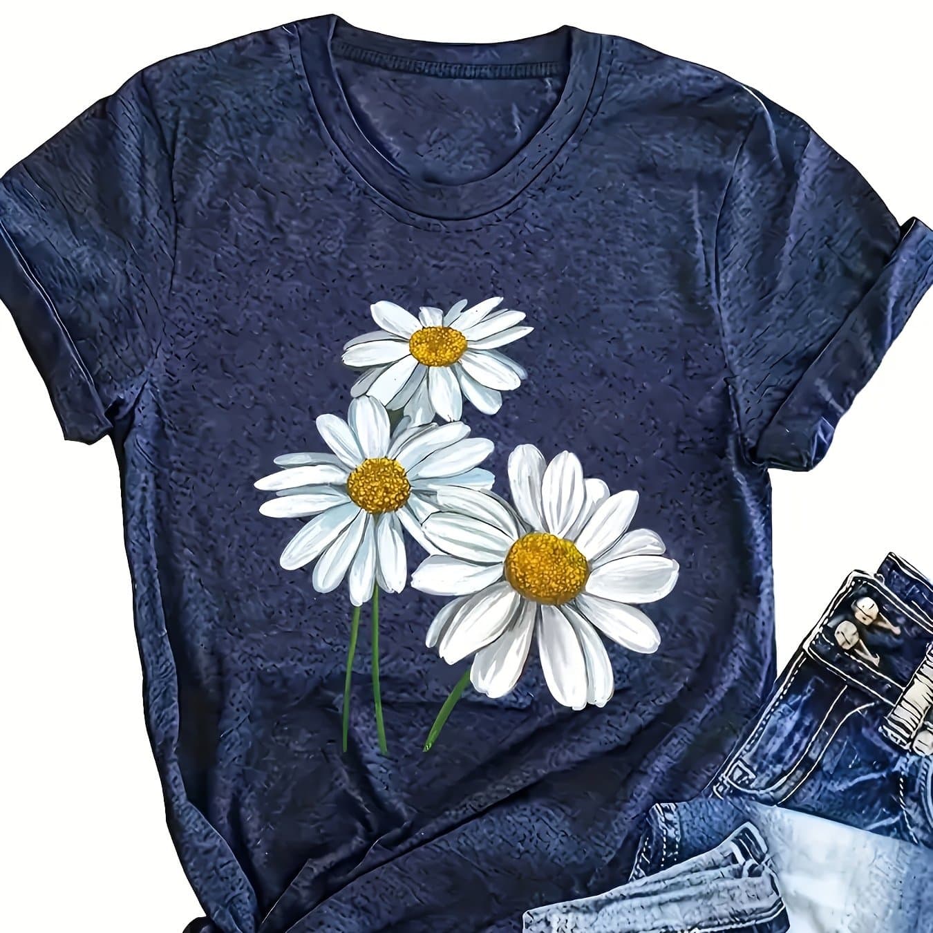 TEMU Women's Navy Print Short-sleeve T-shirt - Loose Fit Round Neck Blouse-compatible Top, Breathable Machine Washable Fabric Suitable For Casual Casual Attire, - Layering