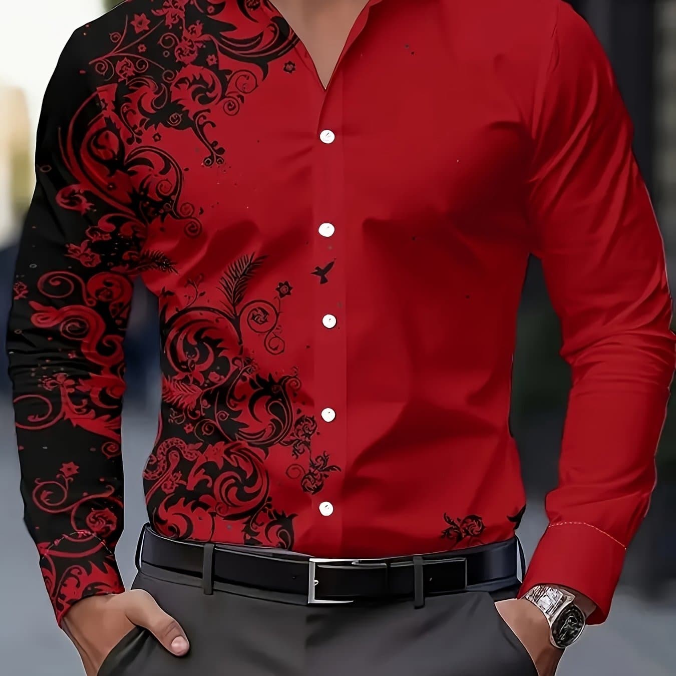 TEMU Men's Fashion Print Shirt, Casual Breathable Lapel Button-up Long Sleeve Shirt
