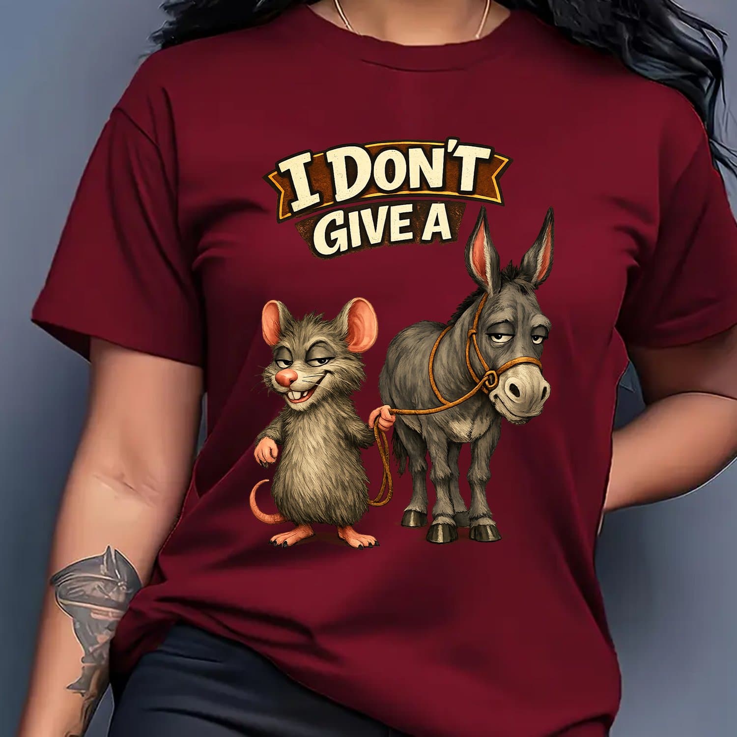 TEMU Humorous And Satirical Mouse And Donkey Meme T-shirt - " Care" Design Featuring Donkey And Mouse Characters - Women's Universal Soft And Breathable Top - Casual Meme T-shirt For Adult Women
