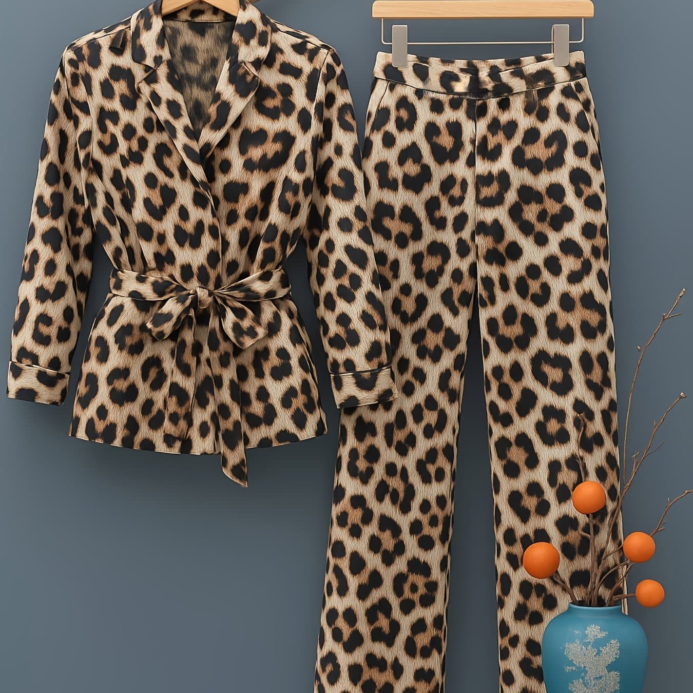 TEMU European And American Autumn Leopard Print Long Sleeve Top, Loose Casual Pants Set Outside, At Home, Slightly Elastic, Elegant