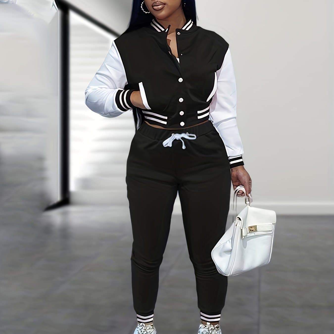 TEMU Casual Two-piece Set, Button Front Jacket And Drawstring Pants Outfits, Women's Clothing