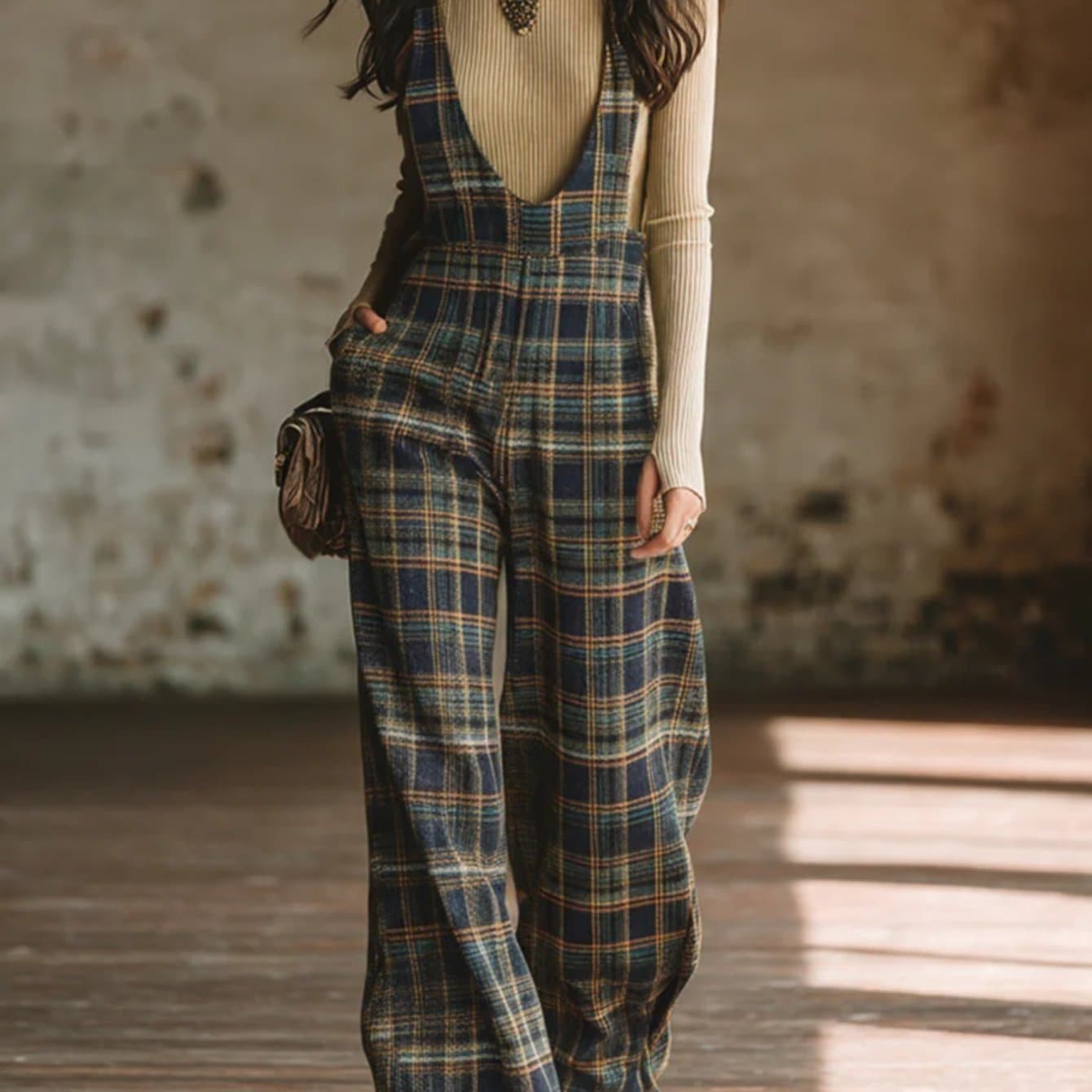 TEMU Navy Blue Checkered Deep V-neck Suspender Wide-leg Pants For Women | Vintage-inspired Relaxed-fit Lightweight Commuter Piece, , Office Commutes, And Spring/fall Styling.