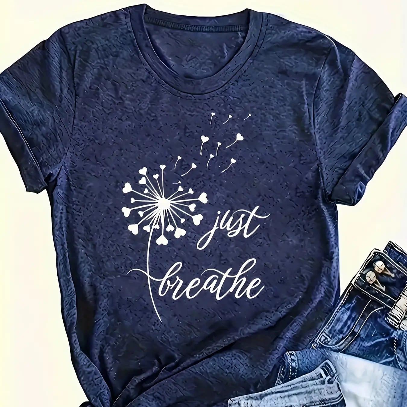 TEMU Plus Size - Plus Size - Plus Size Women's Casual Short Sleeve T-shirt - Floral Pattern And "just Breathe" Print, Navy Blue, Crew Neck, Machine Washable, , Women's T-shirt