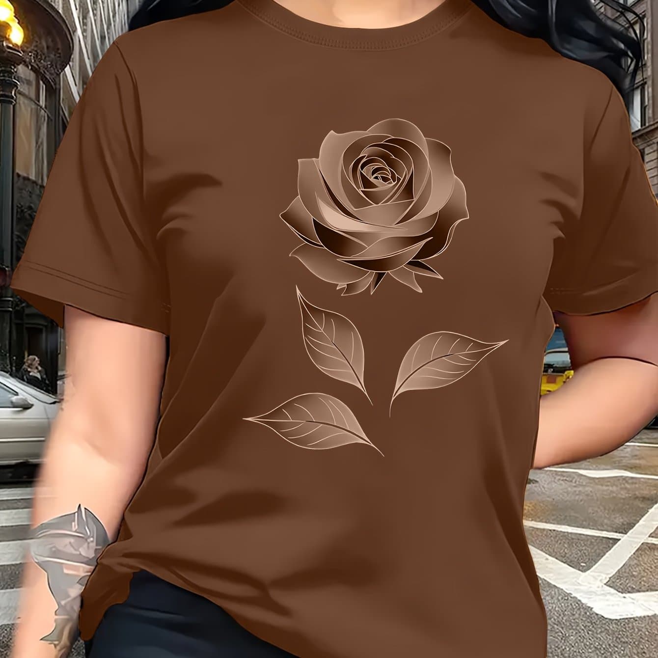 TEMU - Multicolor Light And Dark Gradient Easy Rose Pattern Printed T-shirt, Casual Outing Wear, Or Layered With Jacket, Multi-layered, Suitable For Travel Vacation, Casual, Free And , Sister Outfit