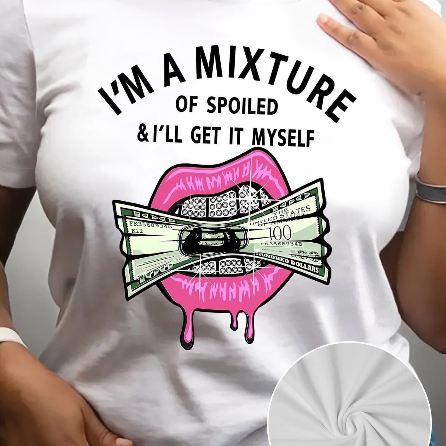 TEMU Women's Money & Lips Graphic Tee - Soft, Breathable, Short Sleeve Crew Neck - Spring/ Summer Casual & , Ladies Tops And Blouses For Summer