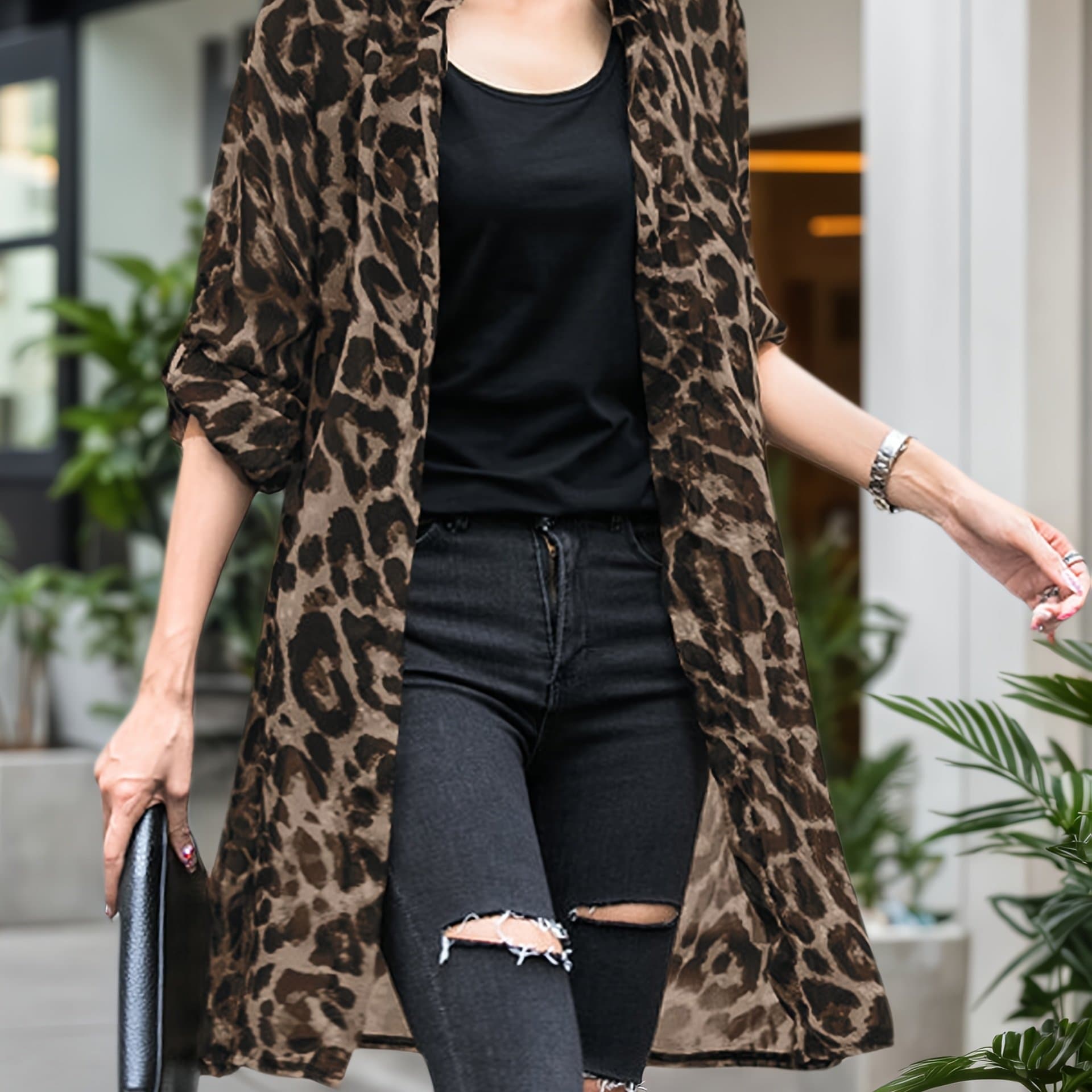 TEMU Women's And Summer Fashion Elegant Vintage Leopard Print Chiffon Cardigan, Lightweight And Breathable Cover-up
