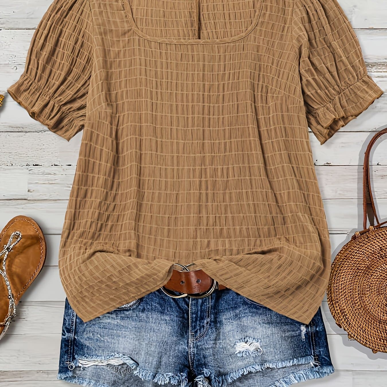 TEMU Plus Size, Plus Size Women's Summer Short Sleeve Square Neck Solid Color Blouse