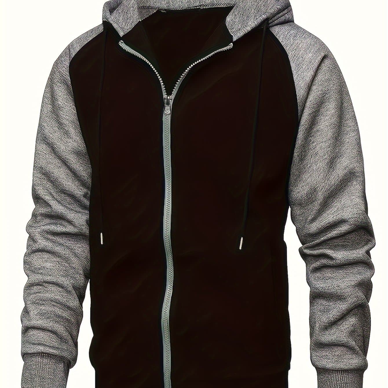 TEMU Men's Color Block Drawstring Hooded Long Sleeve Zip-up Jacket With Pockets, Men's Hooded Jacket For Spring And Autumn, Suitable For Workout Training