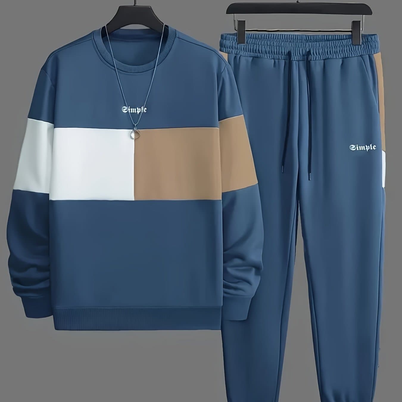 TEMU Men's Color Block 2pcs Outfits, Casual Crew Neck Long Sleeve Sweatshirt And Sweatpants Joggers Set For Winter Fall, Men's Clothing