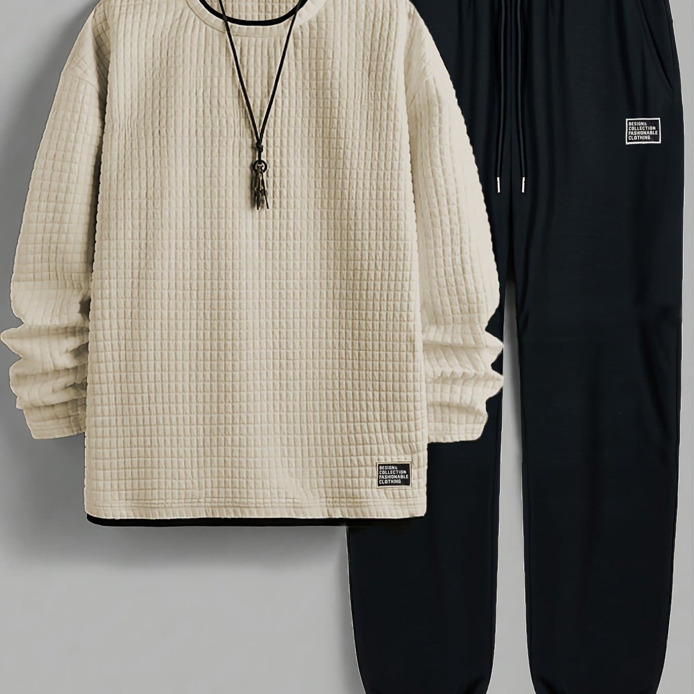 TEMU Men's Spring And Autumn Sports Casual Long Sleeve Suit With Waffle Pants Color Block Set