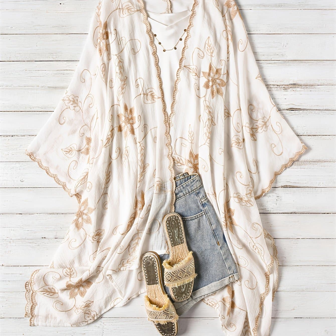 TEMU Plus Size, Bohemian Vine Floral Embroidered Cardigan Shawl, Women's Lightweight Beach Cover-up For Outerwear