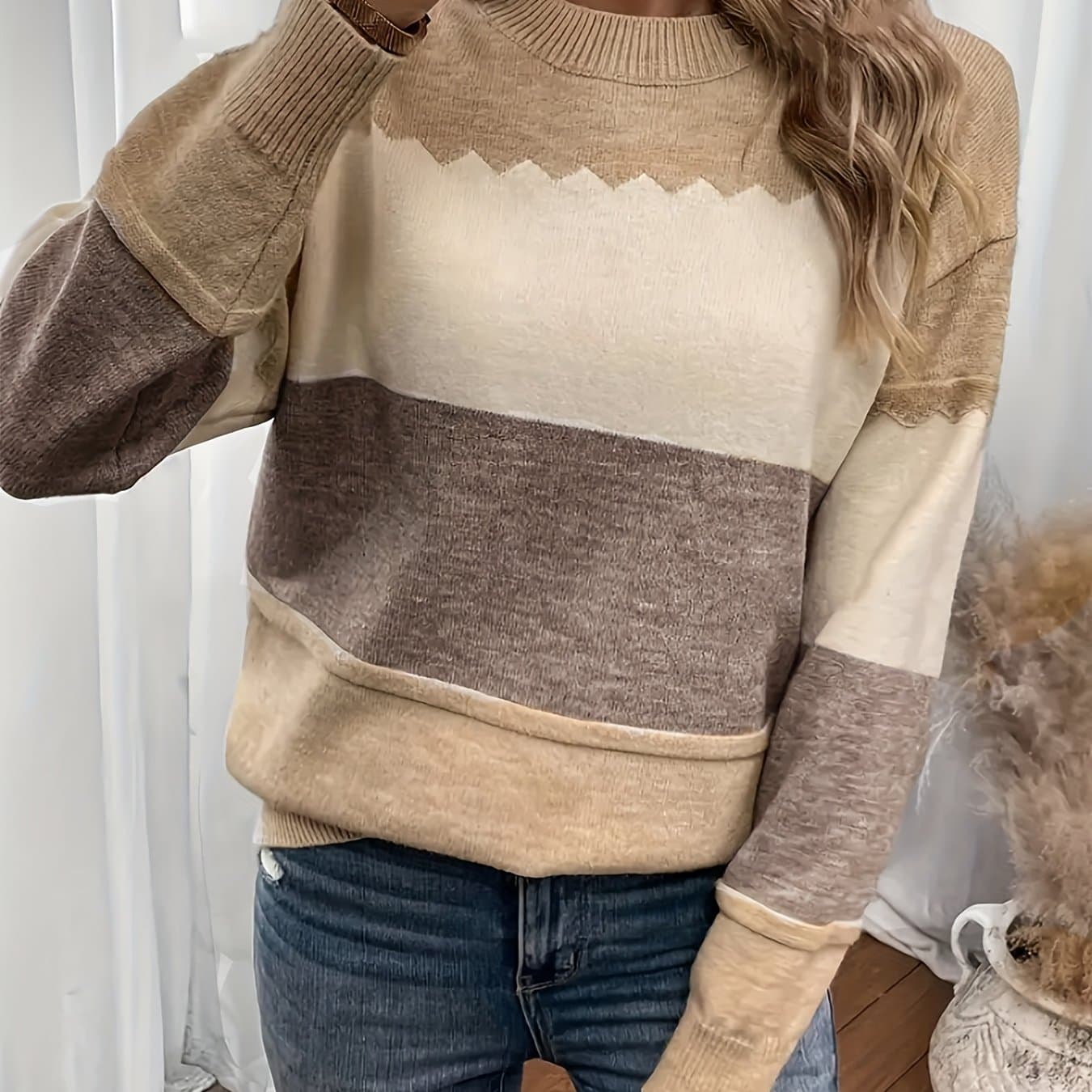 TEMU Women's Round Neck Color Block Sweater, Elegant Simple Versatile Loose Fit New Style Sweater, Women's Top
